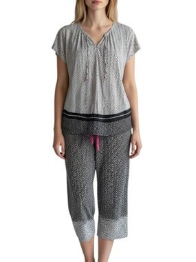 ANNE KLEIN Black & White Printed Pajama Set w/ Pink Drawstring Size Small—FLAWED